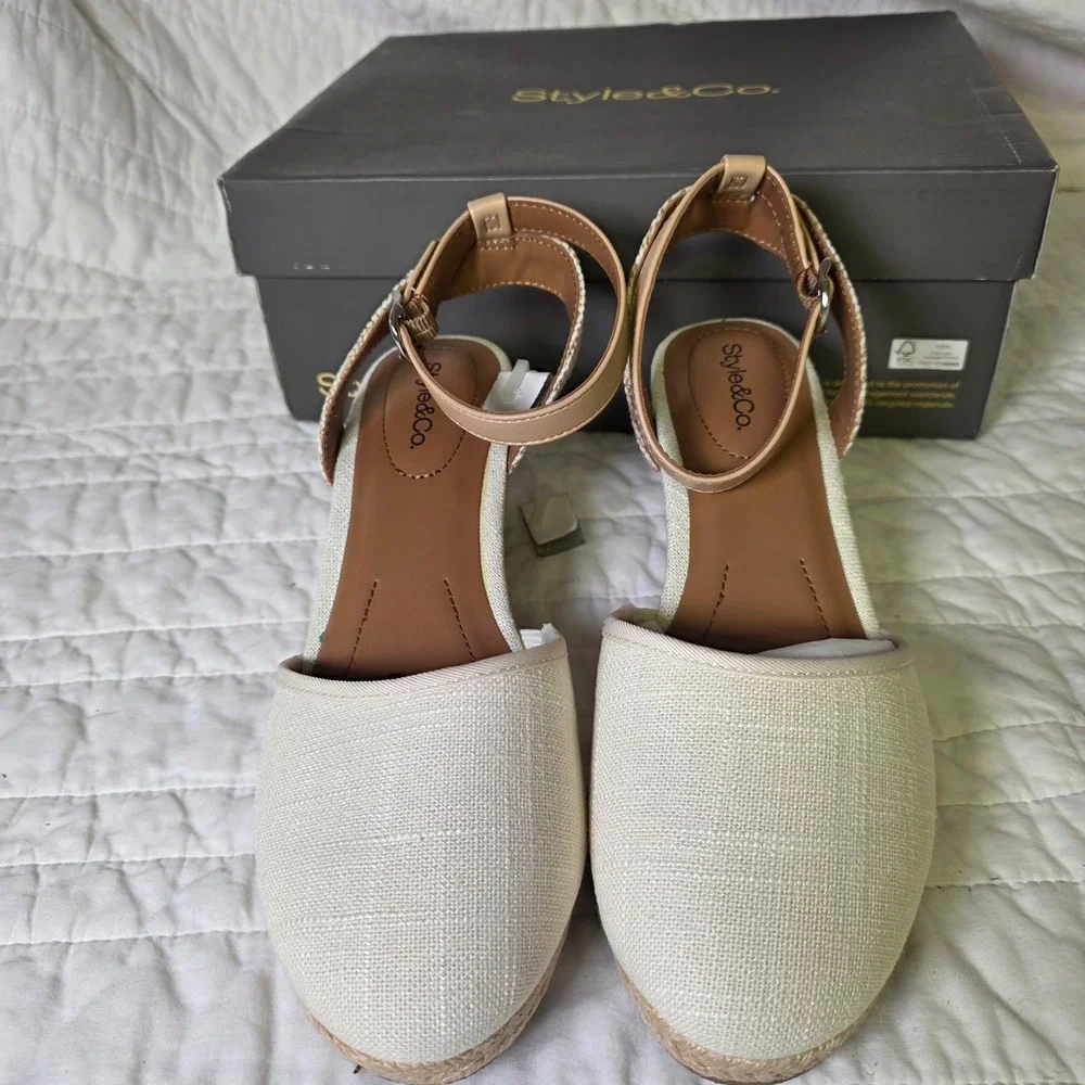 Style & Co Espadrille Wedges Ivory Canvas Linen D'Orsay Sandals Women 6.5 NEW